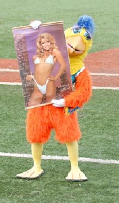 SD Chicken aims to distract opposing pitcher with poster. That crazy Chicken